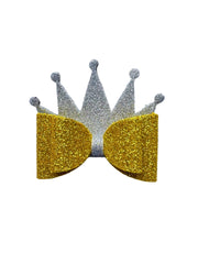 Glitter Princess Crown Hair Bow in gold and silver with festive sparkle, ideal for girls' Christmas outfits and holiday-themed accessories.