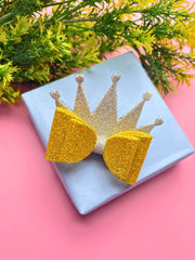 Gold and silver Glitter Princess Crown Hair Bow displayed on a gift box, ideal for festive styling and Christmas-themed girls' accessories.