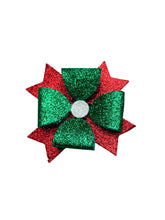 Arendelle Glitter Hair Bow in red and green with silver center, perfect for girls' Christmas outfits and festive hairstyles.