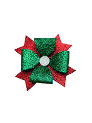 Arendelle Glitter Hair Bow in red and green with silver center, perfect for girls' Christmas outfits and festive hairstyles.