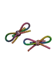 Rainbow Rhinestone Bow Hair Clip Pack of 2 for Girls and Women | Multicolor Crystal Barrette