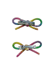 Rainbow Rhinestone Bow Hair Clip Pack of 2 for Girls and Women | Multicolor Crystal Barrette