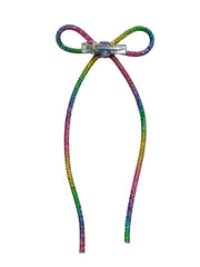 Rainbow Rhinestone Bow Hair Clip for Girls and Women | Long Tail Ribbon Barrette Party Wear Hair Accessory