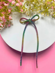 Rainbow Rhinestone Bow Hair Clip for Girls and Women | Long Tail Ribbon Barrette Party Wear Hair Accessory