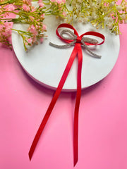 Satin Ribbon Bow Hair Clip with Rhinestone Detail for Girls | Long Hair Barrette Party Wear Accessory