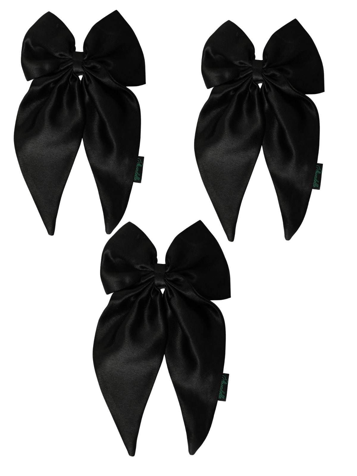 Combo of 3 satin long tail hair bows in black, perfect for girls aged 7 to 13+. Elegant and stylish hair accessories for any outfit or occasion.
