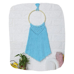Dreamcatcher hair organizer in sky blue with macrame design, perfect for girls' hair accessories and kids room wall decor.