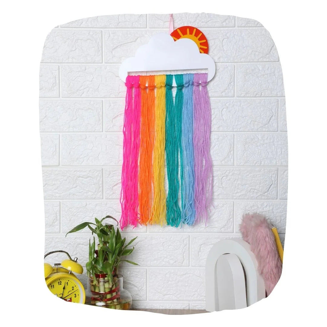 Acrylic Hair Bow Holder - Organizer for Girls with rainbow yarn strands hanging from a white cloud, ideal for wall decor and hair accessory storage.