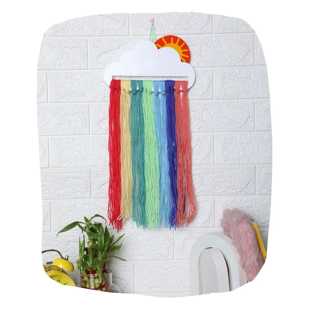 Acrylic Hair Bow Holder Organizer in pastel rainbow yarn strands hanging from a cloud-shaped top, ideal for kids room decor and safe hair accessory storage.