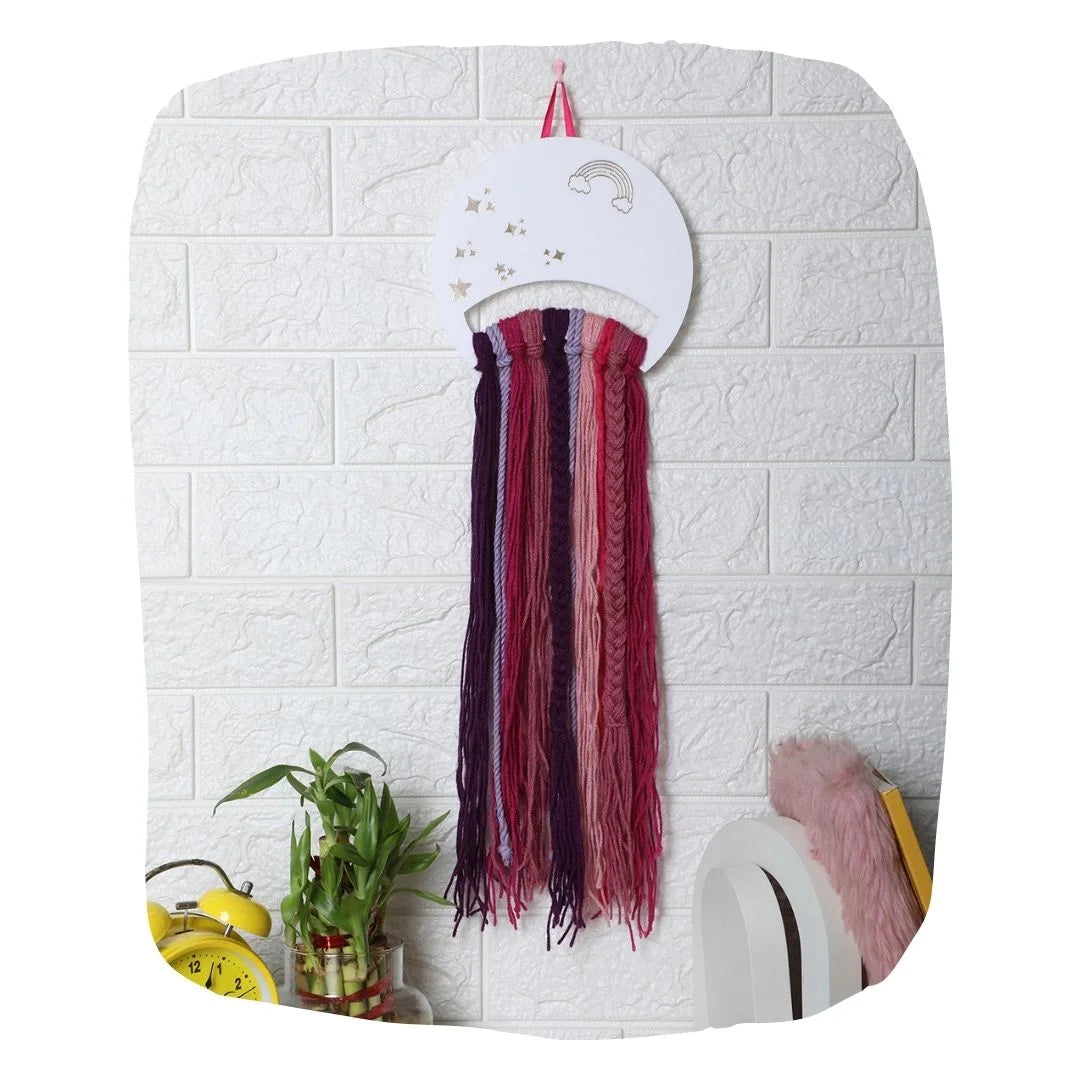 Dreamcatcher Holder: Decor & Organizer | Hair Accessories featuring a moon and stars design with pink and purple yarn strands, ideal for kids' rooms.