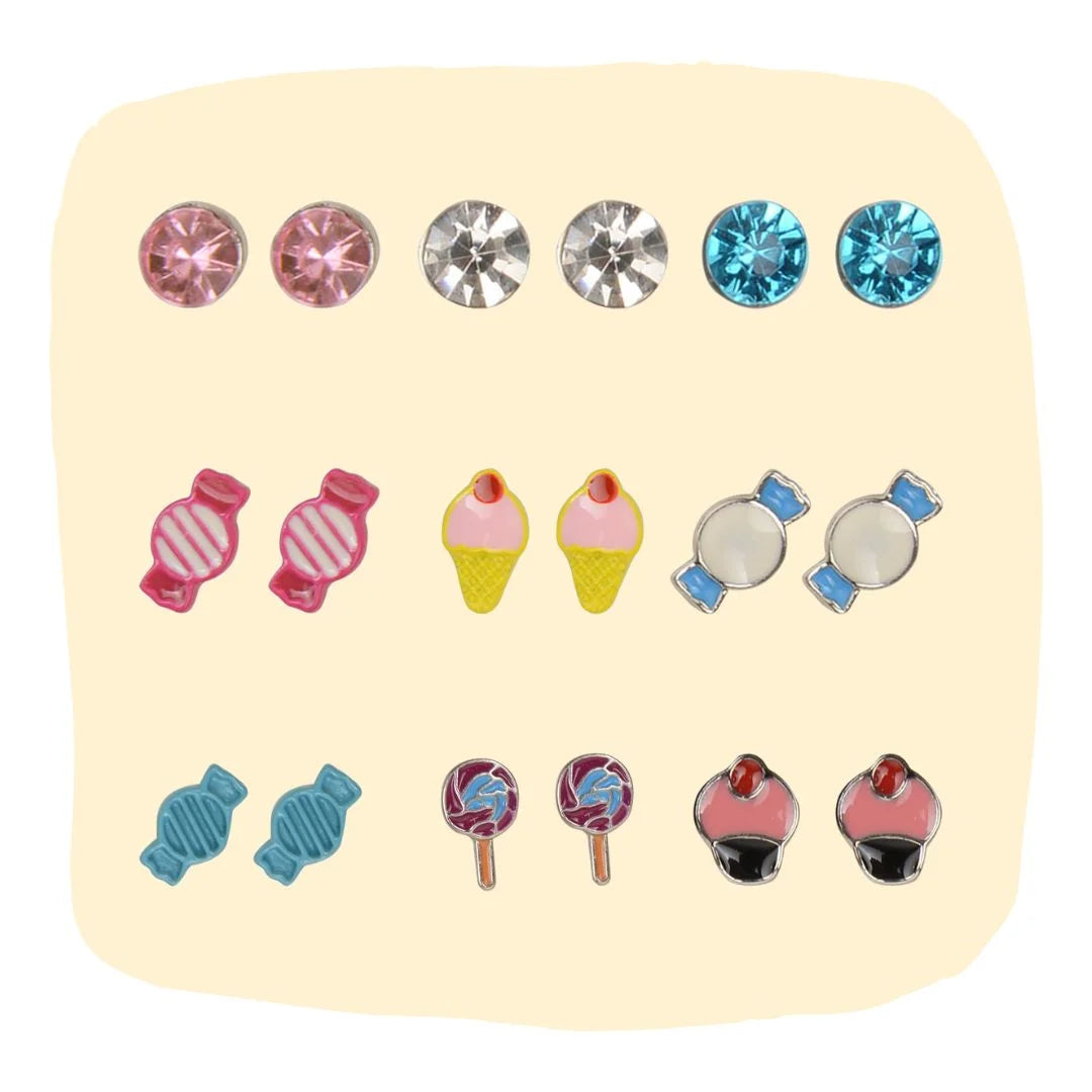 9 cute stud earrings set featuring candy and ice cream designs for girls. Includes colorful gems, lollipops, and sweet treats.