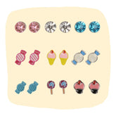 9 cute stud earrings set featuring candy and ice cream designs for girls. Includes colorful gems, lollipops, and sweet treats.