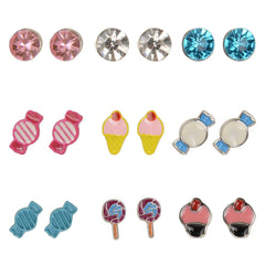 Front view of 9-piece cute stud earrings set with candy and ice cream motifs. Ideal for girls who love colorful accessories.