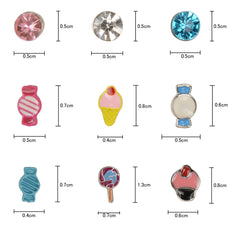 Size chart of 9 cute candy and ice cream stud earrings for girls. Measurements shown for each playful earring design.