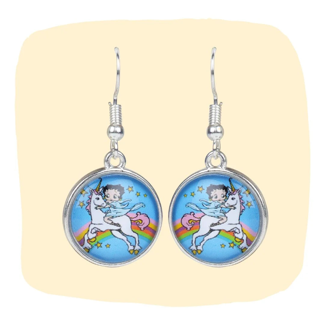 Unicorn Earrings - Glass Cabochon with whimsical unicorn and girl design on blue background. Magical jewelry gift for girls and teens.