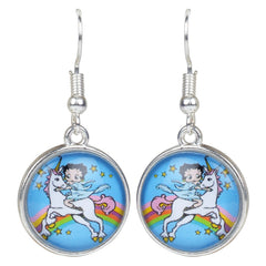 Glass Cabochon Unicorn Earrings featuring a colorful unicorn and girl illustration with rainbow and stars. Ideal gift for unicorn lovers.