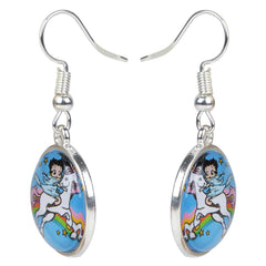 Side view of Unicorn Earrings - Glass Cabochon showing dome shape and vibrant fantasy design. Lightweight and fun for girls and teens.