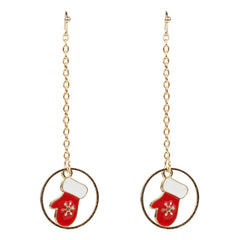 Christmas Red Gloves & Snowflake Drop Earrings with gold-tone chains and circular frames, perfect festive jewelry for holiday outfits.