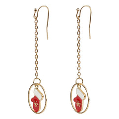Side view of Festive Earrings - Christmas Jewelry showing red mitten charms with snowflakes hanging from gold chains and hooks.