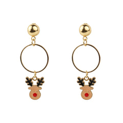Cute Rudolph Reindeer Earrings with golden hoops and enamel charms, ideal Christmas jewelry accessory for festive celebrations.