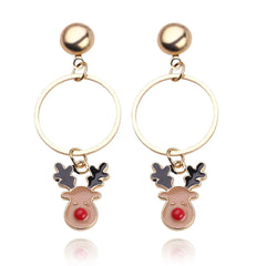 Gold hoop Rudolph Reindeer Earrings featuring red noses and black antlers, perfect for holiday-themed outfits and festive events.