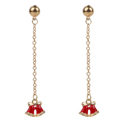 Christmas Red Double Bell Drop Earrings featuring gold-tone chains and red enamel bells, perfect festive jewelry for women and girls.