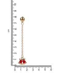 Christmas Bell Earrings Women with red enamel bells and gold chain drops, shown with ruler for size reference, great holiday gift idea.