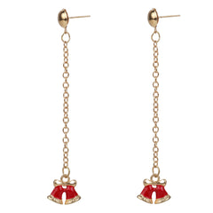 Elegant Holiday Earrings with red bell charms and gold drop chains, ideal Christmas accessory for women and girls during festive celebrations.