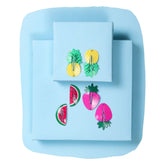 Trendy kids hair clips set with watermelon, strawberry, and pineapple designs on blue gift boxes. Fun hairpins for girls aged 3 to 10.