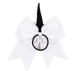 Back view of white Unicorn Cheer Bow showing black elastic hair tie. Secure and gentle fit for girls' hairstyles.