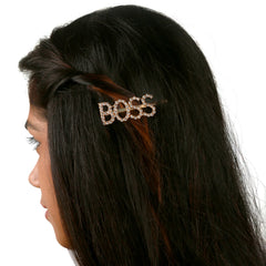 Stylish Girls Hair Clips from the Arendelle 'BOSS' Collection worn on dark hair, showcasing a bold rhinestone design perfect for fashion-forward teens.