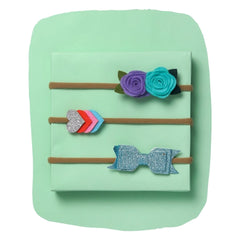 Set of 3 Baby Hairbands – Roses & Bows in Blue Lilac
