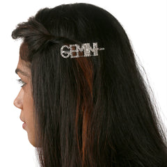 Girl wearing Gemini rhinestone hairpin, showcasing sparkling astrology clip for zodiac-themed fashion in hair accessories.