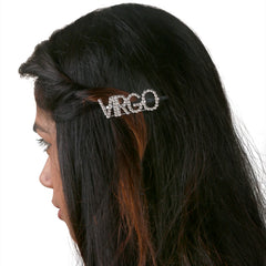 Virgo Rhinestone Zodiac Hairpin styled in dark hair, showcasing its sparkling astrology design for fashionable hair styling.