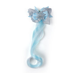 Close-up of Arendelle Ice Blue Hair Bow with silver glitter bow, snowflake centerpiece, and flowing blue hair extension for girls' accessories.
