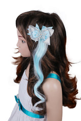 Girl mannequin wearing Arendelle Ice Blue Hair Bow with snowflake and long blue extension, perfect for ages 3 to 7 in stylish outfits.