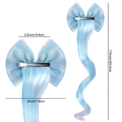 Back view of Arendelle Ice Blue Hair Bow showing clip attachment and 17-inch blue hair extension, ideal for girls' dress-up and parties.