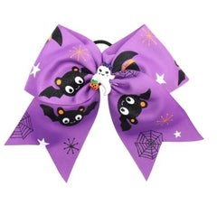 Halloween Purple 7-inch Ghost Cheer Bow by Arendelle Kids featuring black bats, white ghost, spider webs, and stars on a vibrant purple ribbon.