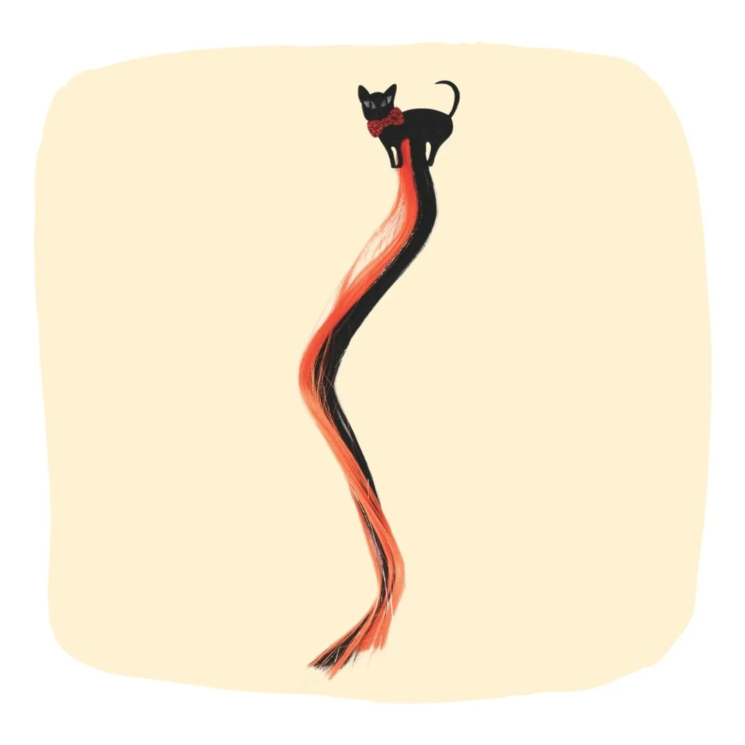 Halloween Black Cat Hair Pin with long black and orange extensions, perfect festive hair accessory for girls' costumes and spooky parties.
