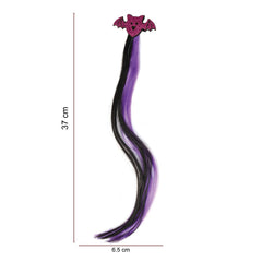 Halloween Bat Hair Pin for Kids measuring 37 cm long and 6.5 cm wide, featuring purple glitter bat and dual-tone hair strands.