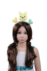 Girl wearing Yellow Bear Hairband - Plush Hairband featuring cute bear and hearts, ideal for 3-10 year old girls' fashion and play.