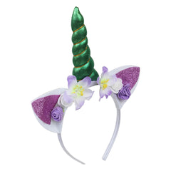 Green unicorn horn hairband featuring purple glitter ears and decorative flowers. Ideal for girls' dress-up and themed events.