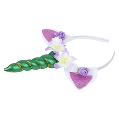 Side view of unicorn horn hairband with green spiral horn, purple ears, and floral embellishments. Perfect for girls' fantasy outfits.