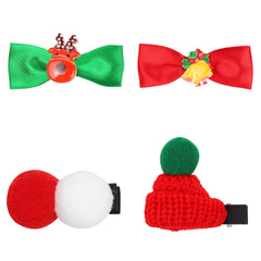 Set of four 2023 festive Christmas hair clips for girls with red and green bows, pom poms, and holiday icons like reindeer and hats.