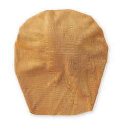 Back view of the shiny mustard cotton baby turban cap showing smooth, seamless finish. Lightweight and gentle on baby’s skin.