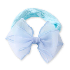 Double Layered Sky Blue Bow Cotton Headband laid flat showing soft fabric and detailed bow. Cozy and stylish for baby girls aged 0 to 2 years.