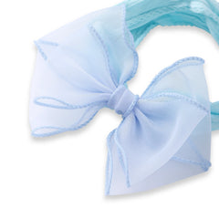 Close-up of Sky Blue Cotton Baby Headband featuring sheer double-layered bow. Breathable and secure fit for baby girls' daily wear.