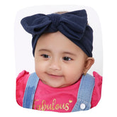 Navy Blue Baby Headband with big bow styled on infant girl, soft cotton fabric ideal for 0 to 2 years. Perfect for daily wear or special occasions.