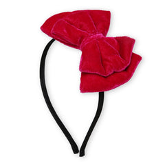 Velvet Bow Hairband - Pink Double Layered angled view highlighting the layered bow and sleek black band for trendy hair styling.