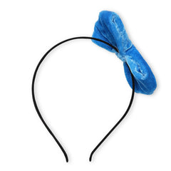 Top view of blue velvet bow hairband with sleek black band, perfect for stylish girls' outfits and comfortable wear.